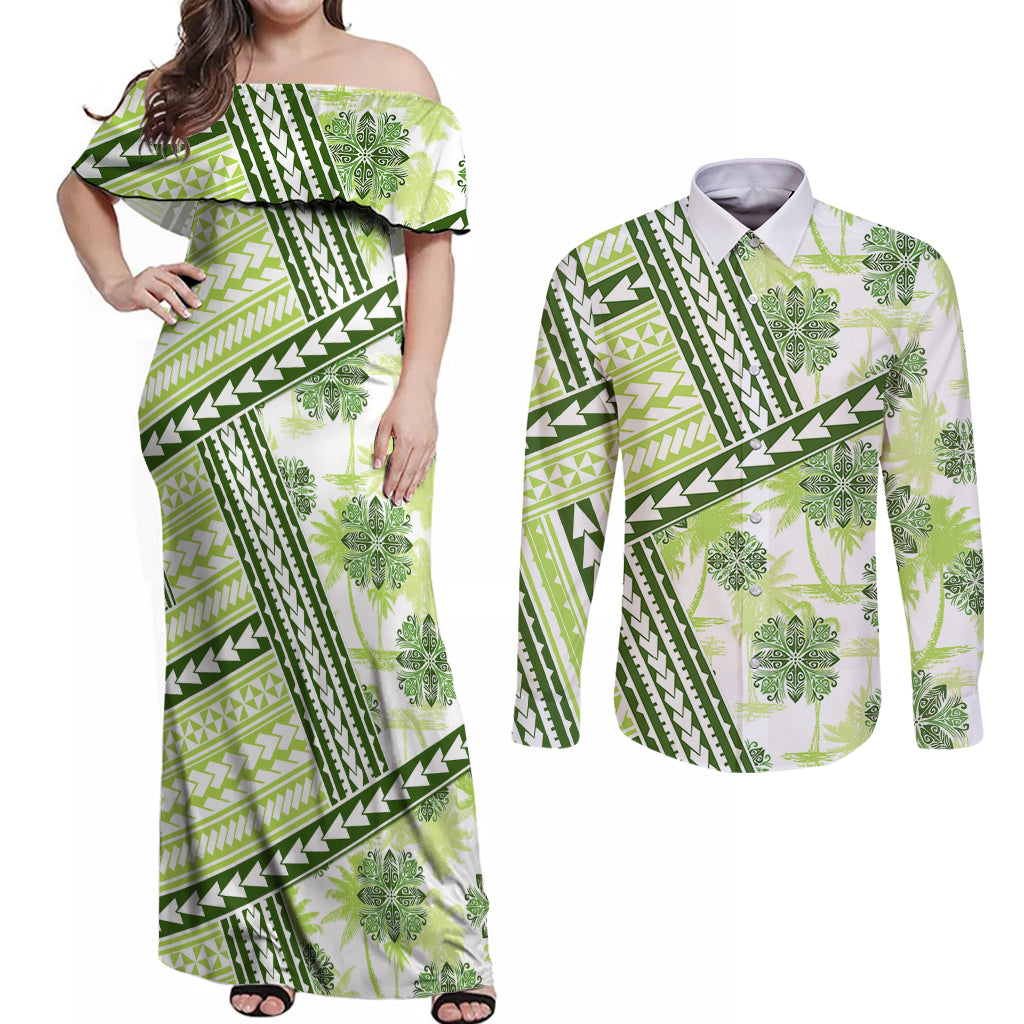 Hawaii Quilt Couples Matching Off Shoulder Maxi Dress and Long Sleeve Button Shirt Kakau Polynesian Pattern Olive Green Version LT01 Green - Polynesian Pride