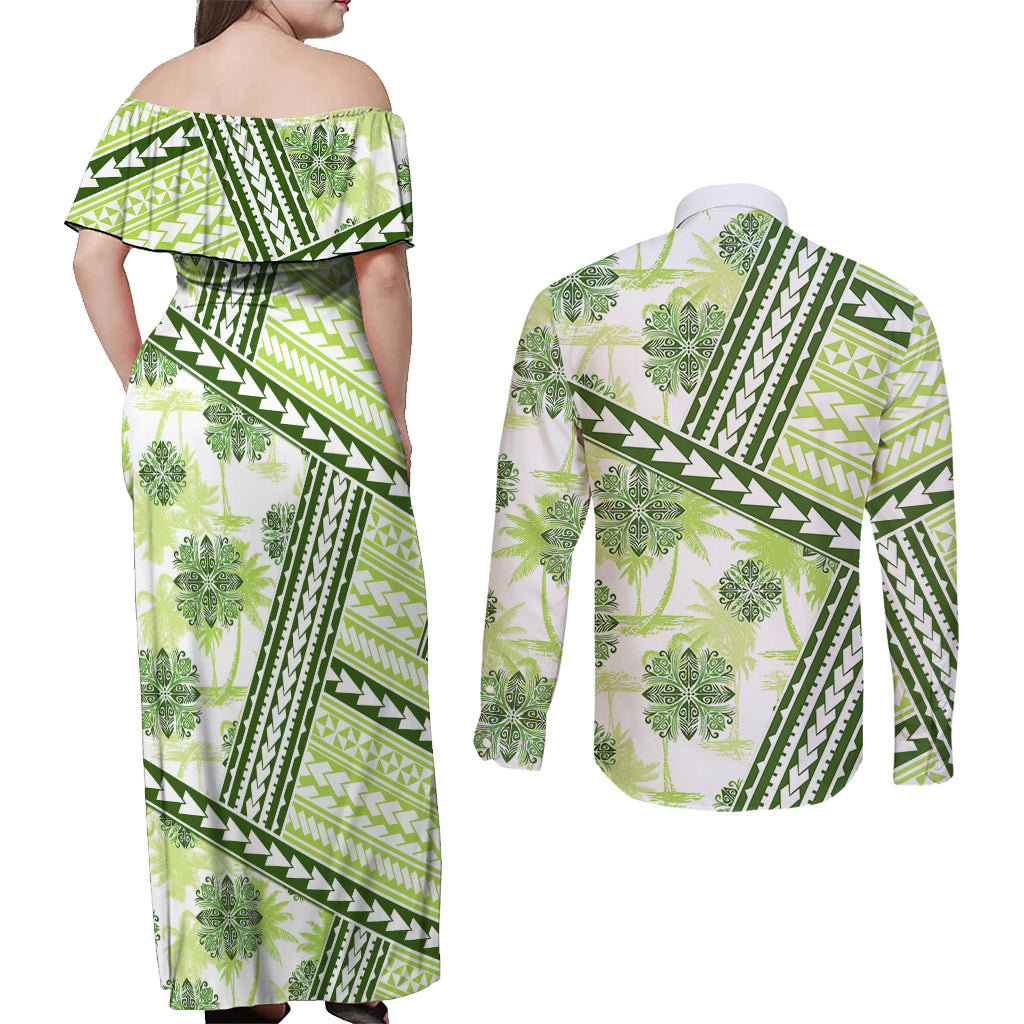 Hawaii Quilt Couples Matching Off Shoulder Maxi Dress and Long Sleeve Button Shirt Kakau Polynesian Pattern Olive Green Version LT01 - Polynesian Pride