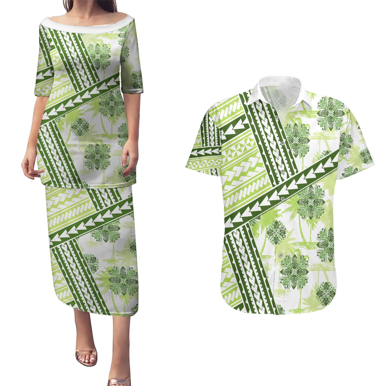 Hawaii Quilt Couples Matching Puletasi Dress and Hawaiian Shirt Kakau Polynesian Pattern Olive Green Version LT01 Green - Polynesian Pride