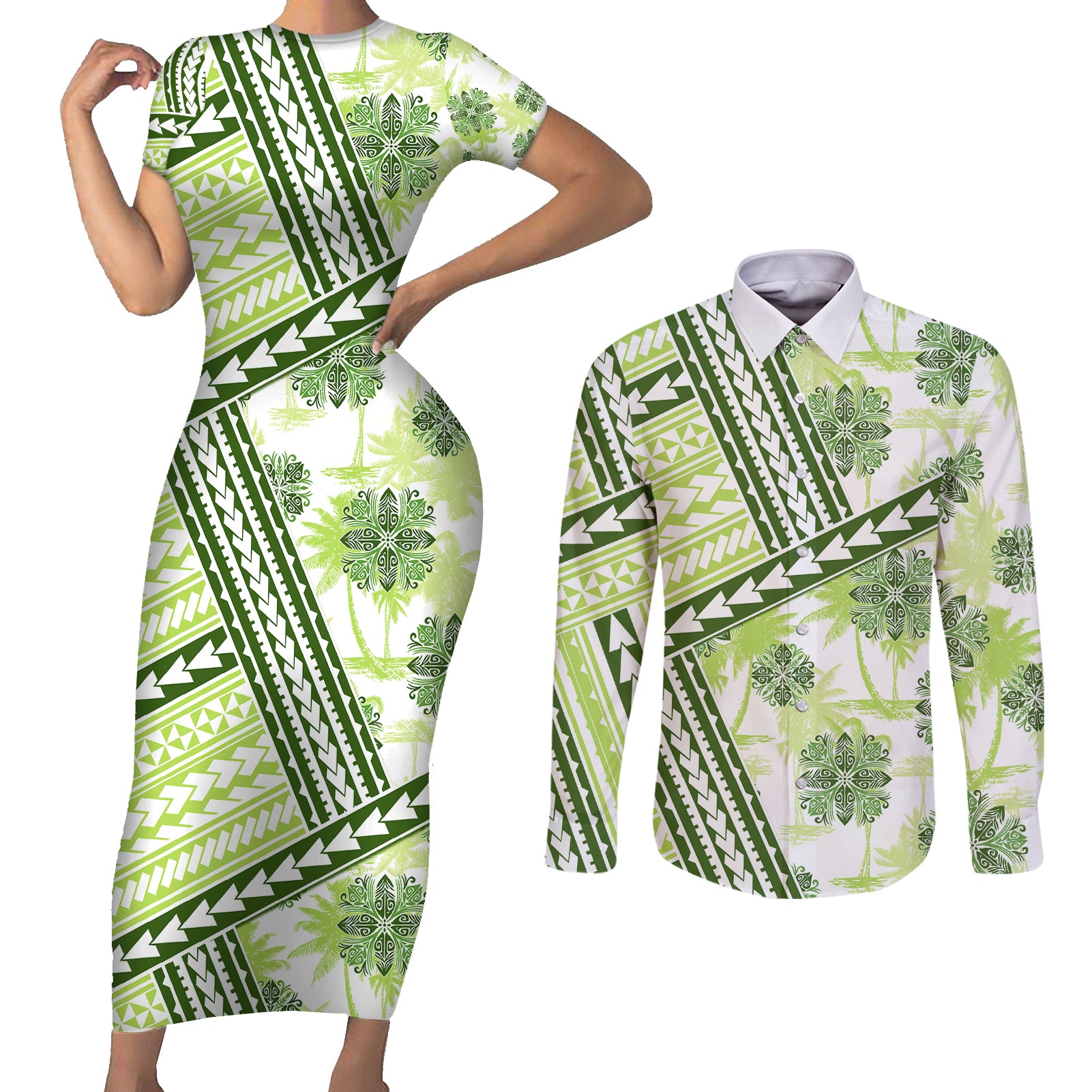 Hawaii Quilt Couples Matching Short Sleeve Bodycon Dress and Long Sleeve Button Shirt Kakau Polynesian Pattern Olive Green Version LT01 Green - Polynesian Pride