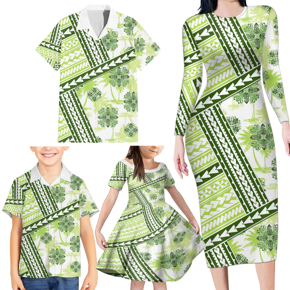 Hawaii Quilt Family Matching Long Sleeve Bodycon Dress and Hawaiian Shirt Kakau Polynesian Pattern Olive Green Version LT01 - Polynesian Pride