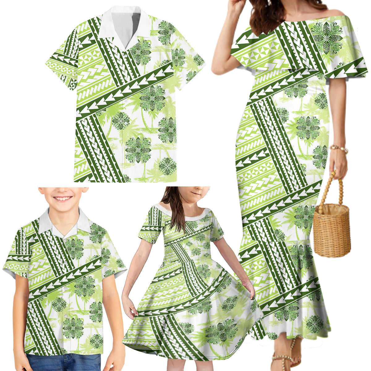 Hawaii Quilt Family Matching Mermaid Dress and Hawaiian Shirt Kakau Polynesian Pattern Olive Green Version LT01 - Polynesian Pride