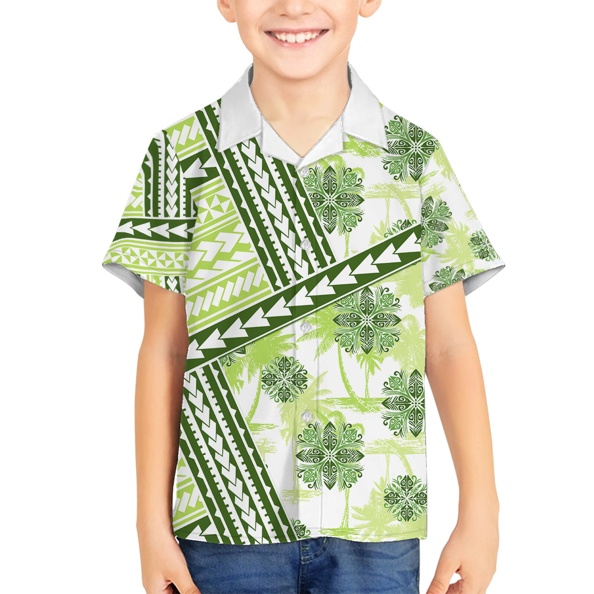 Hawaii Quilt Family Matching Off Shoulder Long Sleeve Dress and Hawaiian Shirt Kakau Polynesian Pattern Olive Green Version LT01 Son's Shirt Green - Polynesian Pride