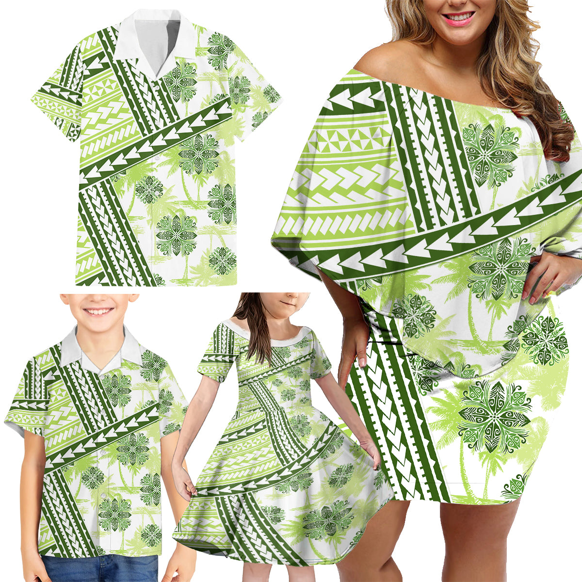 Hawaii Quilt Family Matching Off Shoulder Short Dress and Hawaiian Shirt Kakau Polynesian Pattern Olive Green Version LT01 - Polynesian Pride