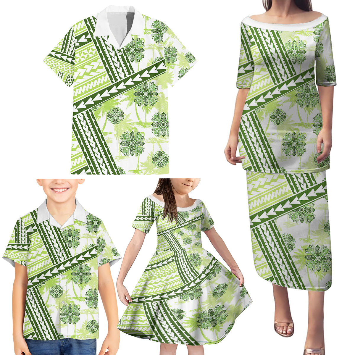 Hawaii Quilt Family Matching Puletasi Dress and Hawaiian Shirt Kakau Polynesian Pattern Olive Green Version LT01 - Polynesian Pride