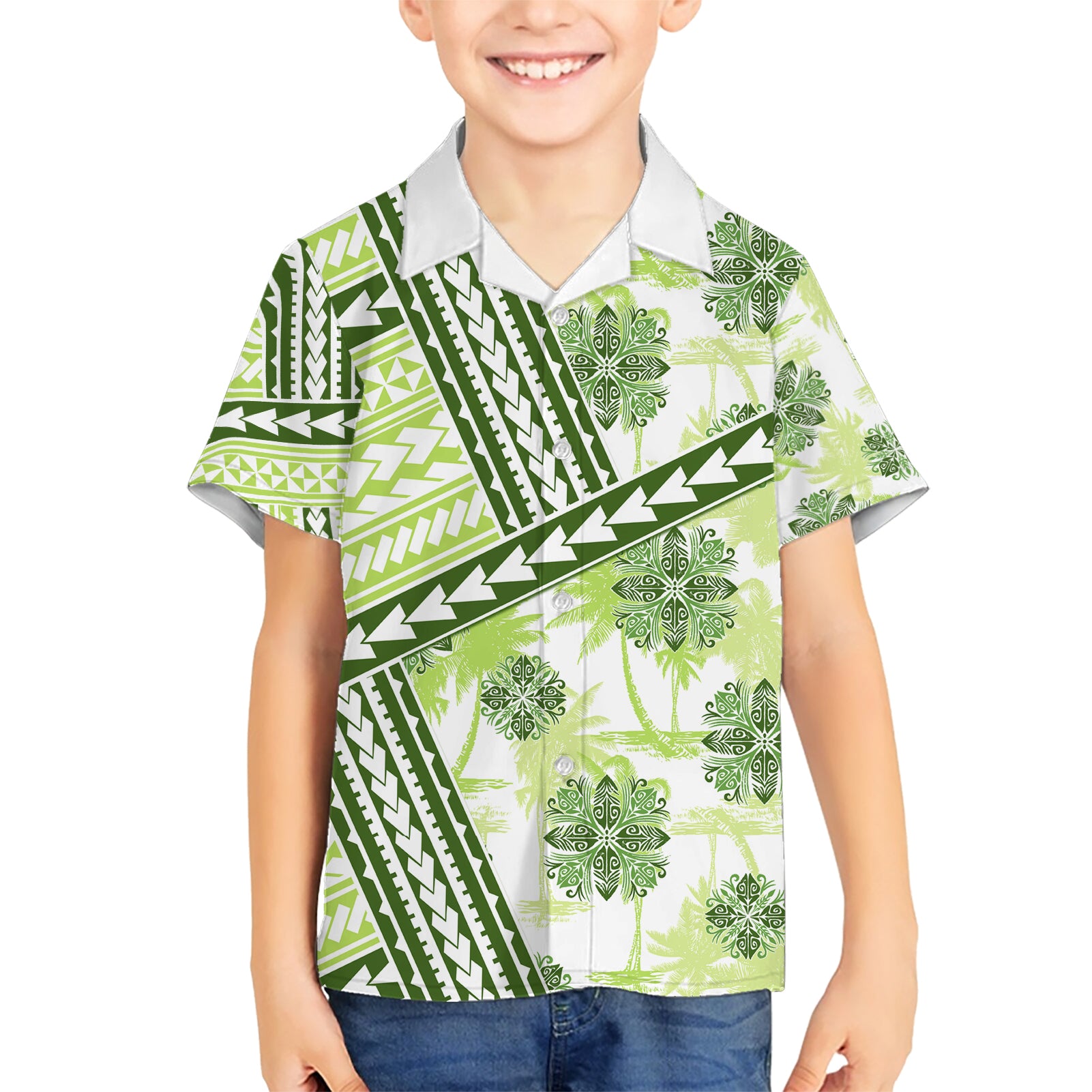 Hawaii Quilt Kid Hawaiian Shirt Kakau Polynesian Pattern Olive Green Version LT01 Kid Green - Polynesian Pride