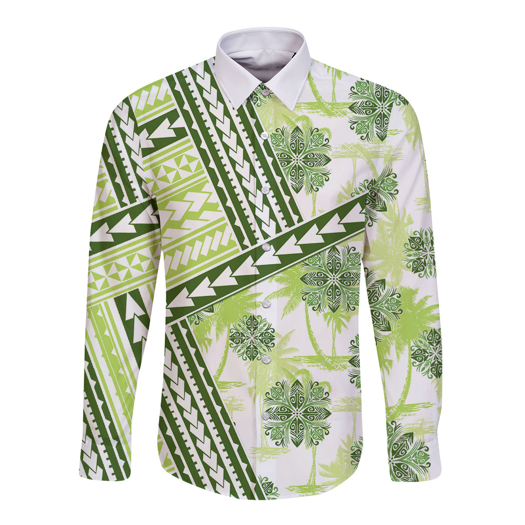 Hawaii Quilt Long Sleeve Button Shirt Kakau Polynesian Pattern Olive Green Version LT01 Unisex Green - Polynesian Pride