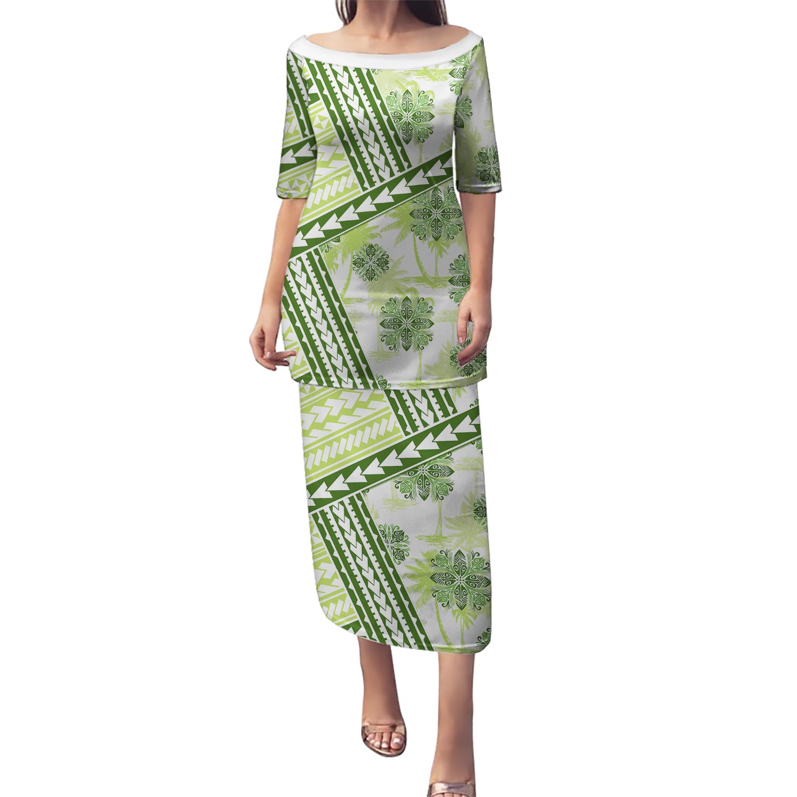 Hawaii Quilt Puletasi Kakau Polynesian Pattern Olive Green Version LT01 Long Dress Green - Polynesian Pride