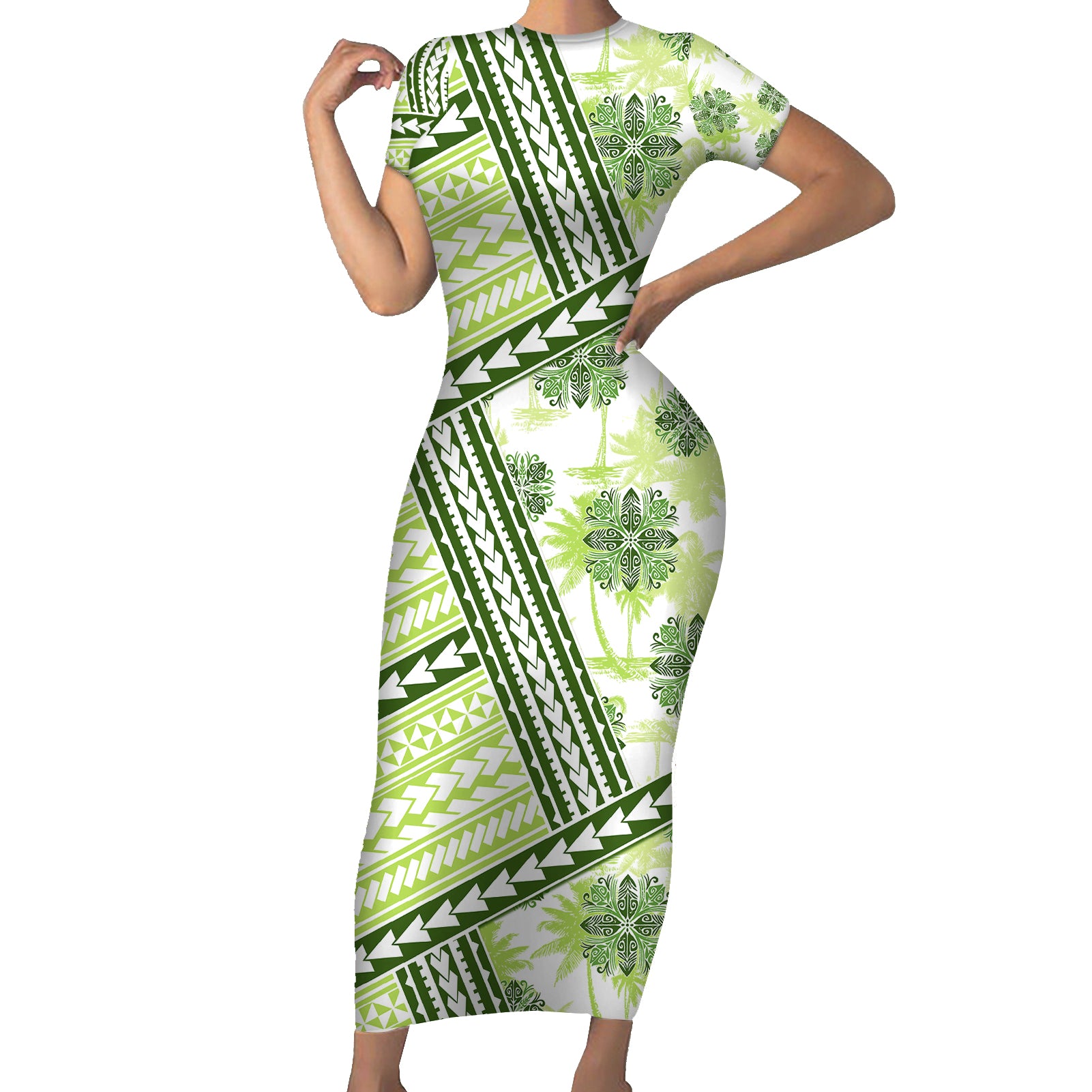 Hawaii Quilt Short Sleeve Bodycon Dress Kakau Polynesian Pattern Olive Green Version LT01 Long Dress Green - Polynesian Pride