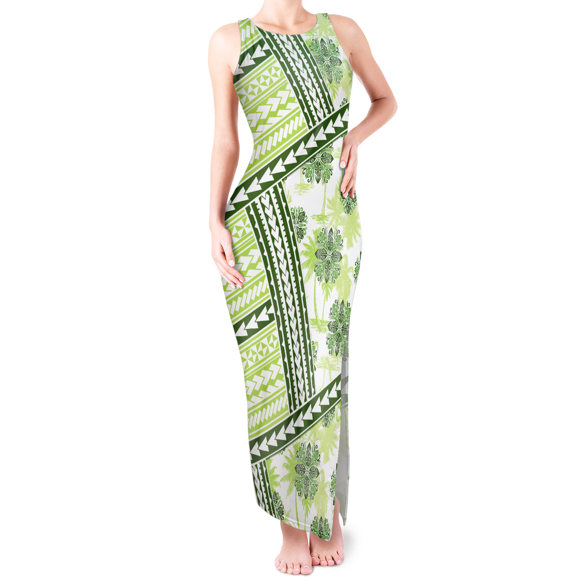 Hawaii Quilt Tank Maxi Dress Kakau Polynesian Pattern Olive Green Version LT01 Women Green - Polynesian Pride