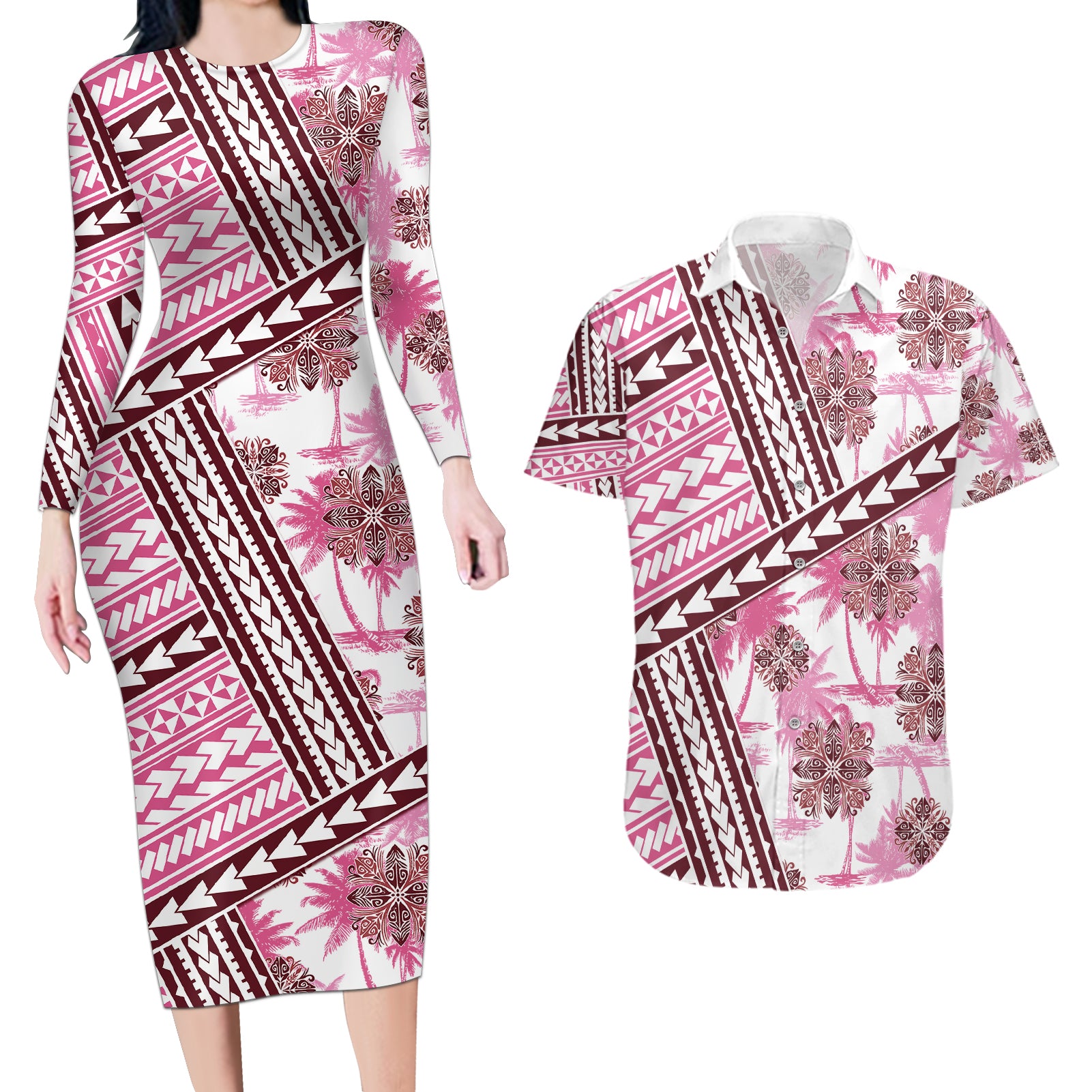 Hawaii Quilt Couples Matching Long Sleeve Bodycon Dress and Hawaiian Shirt Kakau Polynesian Pattern Mauve Pink Version LT01 Pink - Polynesian Pride