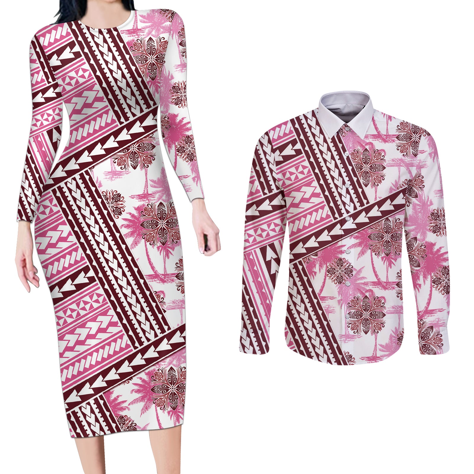 Hawaii Quilt Couples Matching Long Sleeve Bodycon Dress and Long Sleeve Button Shirt Kakau Polynesian Pattern Mauve Pink Version LT01 Pink - Polynesian Pride