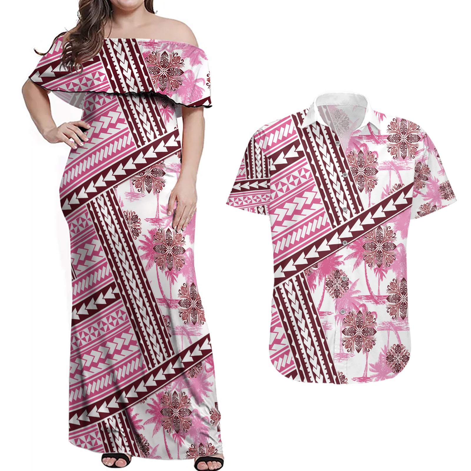 Hawaii Quilt Couples Matching Off Shoulder Maxi Dress and Hawaiian Shirt Kakau Polynesian Pattern Mauve Pink Version LT01 Pink - Polynesian Pride