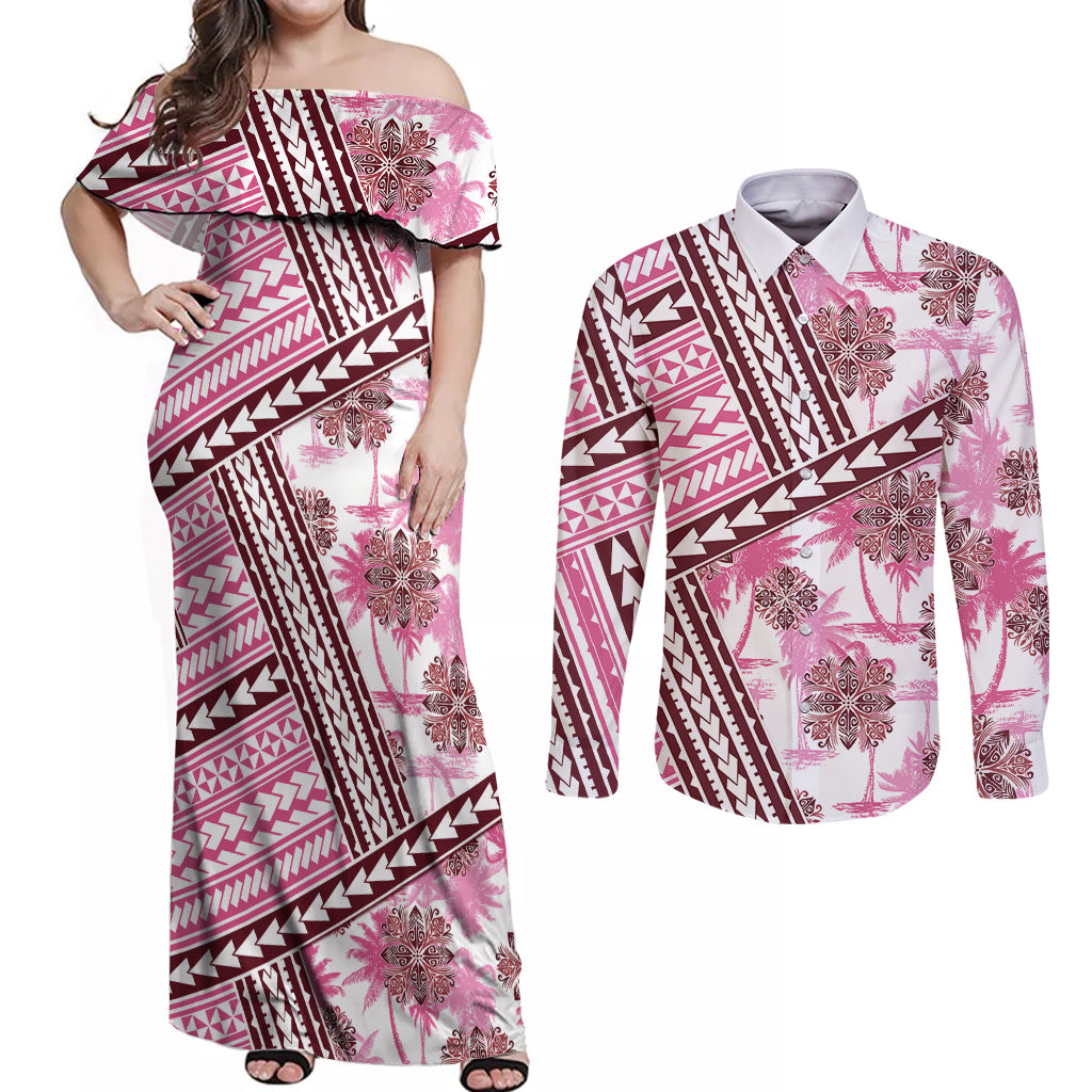 Hawaii Quilt Couples Matching Off Shoulder Maxi Dress and Long Sleeve Button Shirt Kakau Polynesian Pattern Mauve Pink Version LT01 Pink - Polynesian Pride