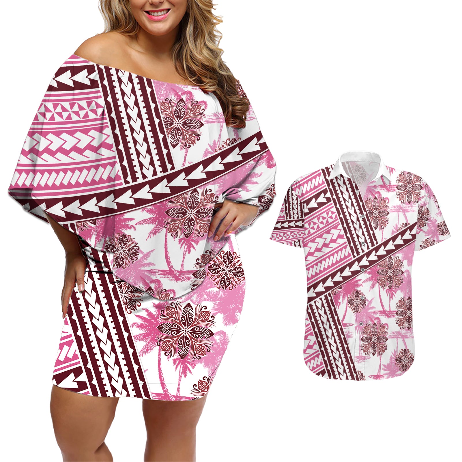 Hawaii Quilt Couples Matching Off Shoulder Short Dress and Hawaiian Shirt Kakau Polynesian Pattern Mauve Pink Version LT01 Pink - Polynesian Pride