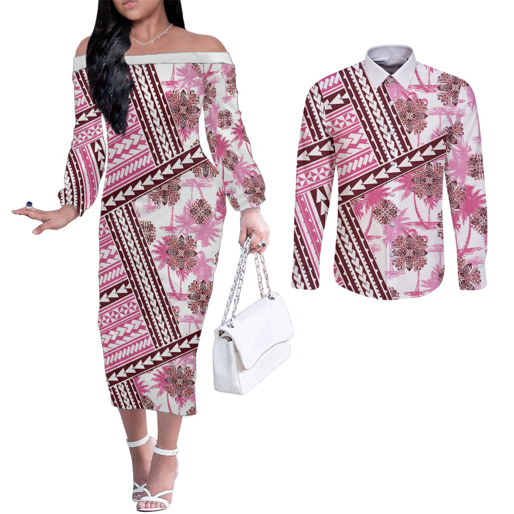 Hawaii Quilt Couples Matching Off The Shoulder Long Sleeve Dress and Long Sleeve Button Shirt Kakau Polynesian Pattern Mauve Pink Version LT01 Pink - Polynesian Pride