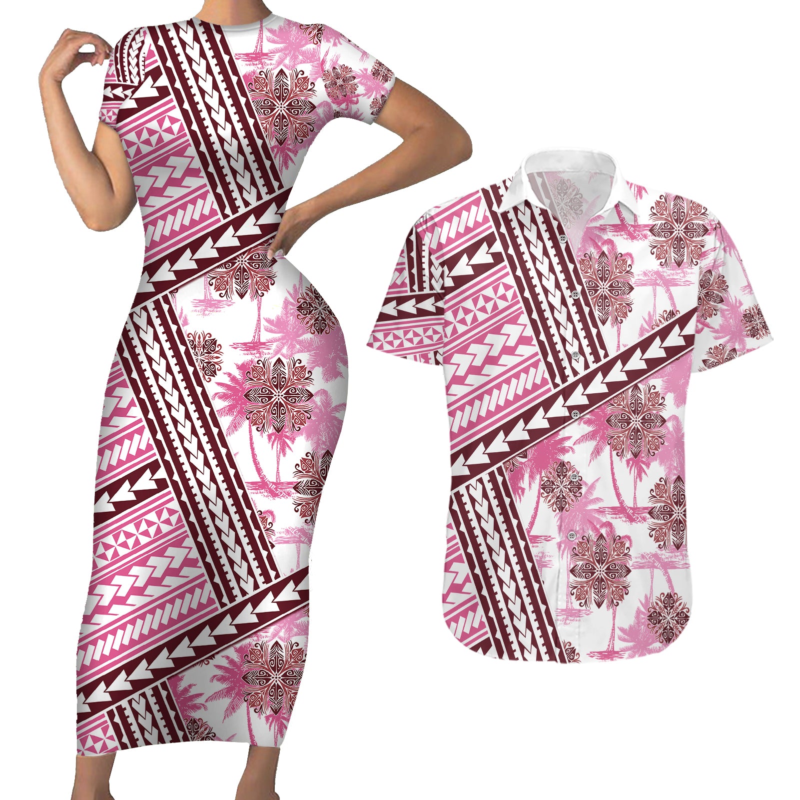 Hawaii Quilt Couples Matching Short Sleeve Bodycon Dress and Hawaiian Shirt Kakau Polynesian Pattern Mauve Pink Version LT01 Pink - Polynesian Pride