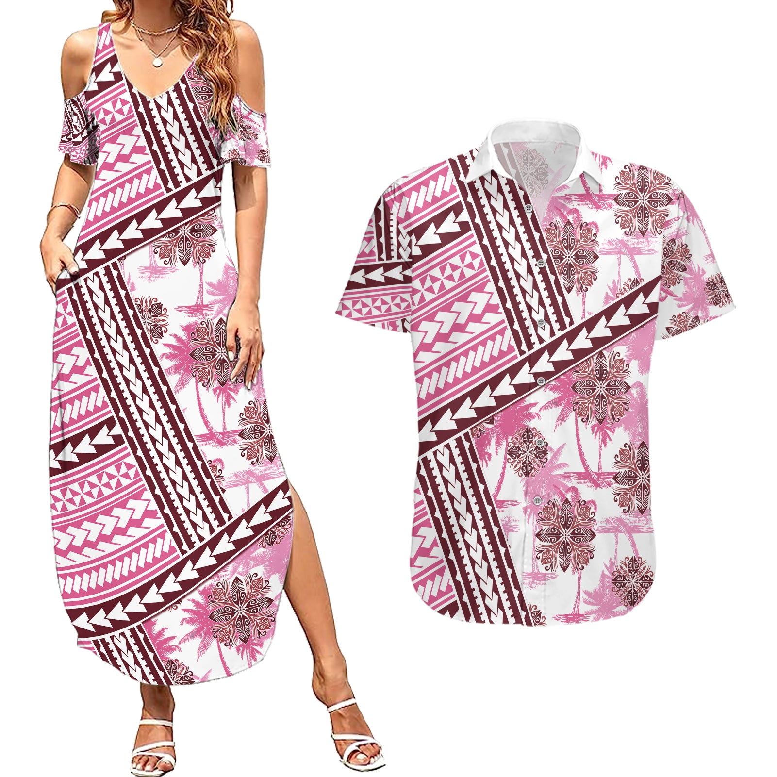 Hawaii Quilt Couples Matching Summer Maxi Dress and Hawaiian Shirt Kakau Polynesian Pattern Mauve Pink Version LT01 Pink - Polynesian Pride