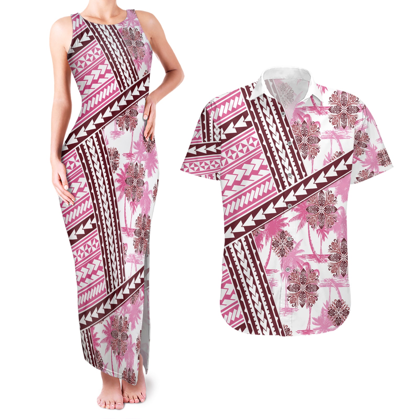 Hawaii Quilt Couples Matching Tank Maxi Dress and Hawaiian Shirt Kakau Polynesian Pattern Mauve Pink Version LT01 Pink - Polynesian Pride