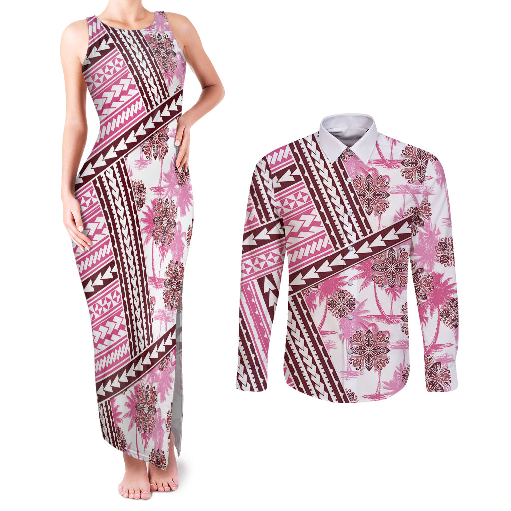 Hawaii Quilt Couples Matching Tank Maxi Dress and Long Sleeve Button Shirt Kakau Polynesian Pattern Mauve Pink Version LT01 Pink - Polynesian Pride