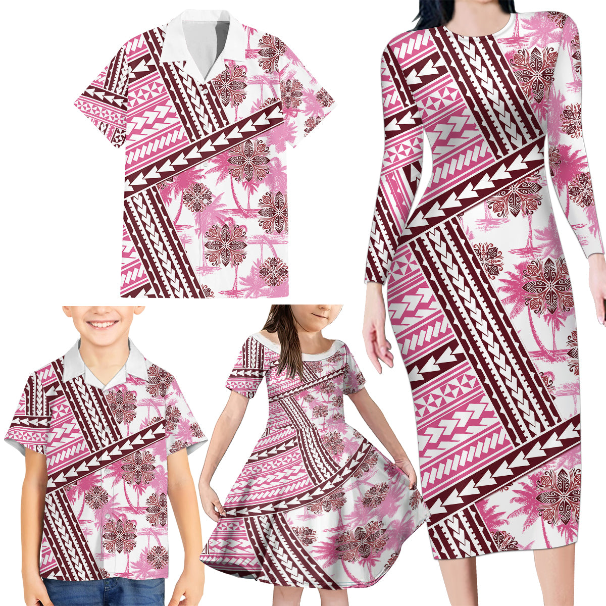 Hawaii Quilt Family Matching Long Sleeve Bodycon Dress and Hawaiian Shirt Kakau Polynesian Pattern Mauve Pink Version LT01 - Polynesian Pride