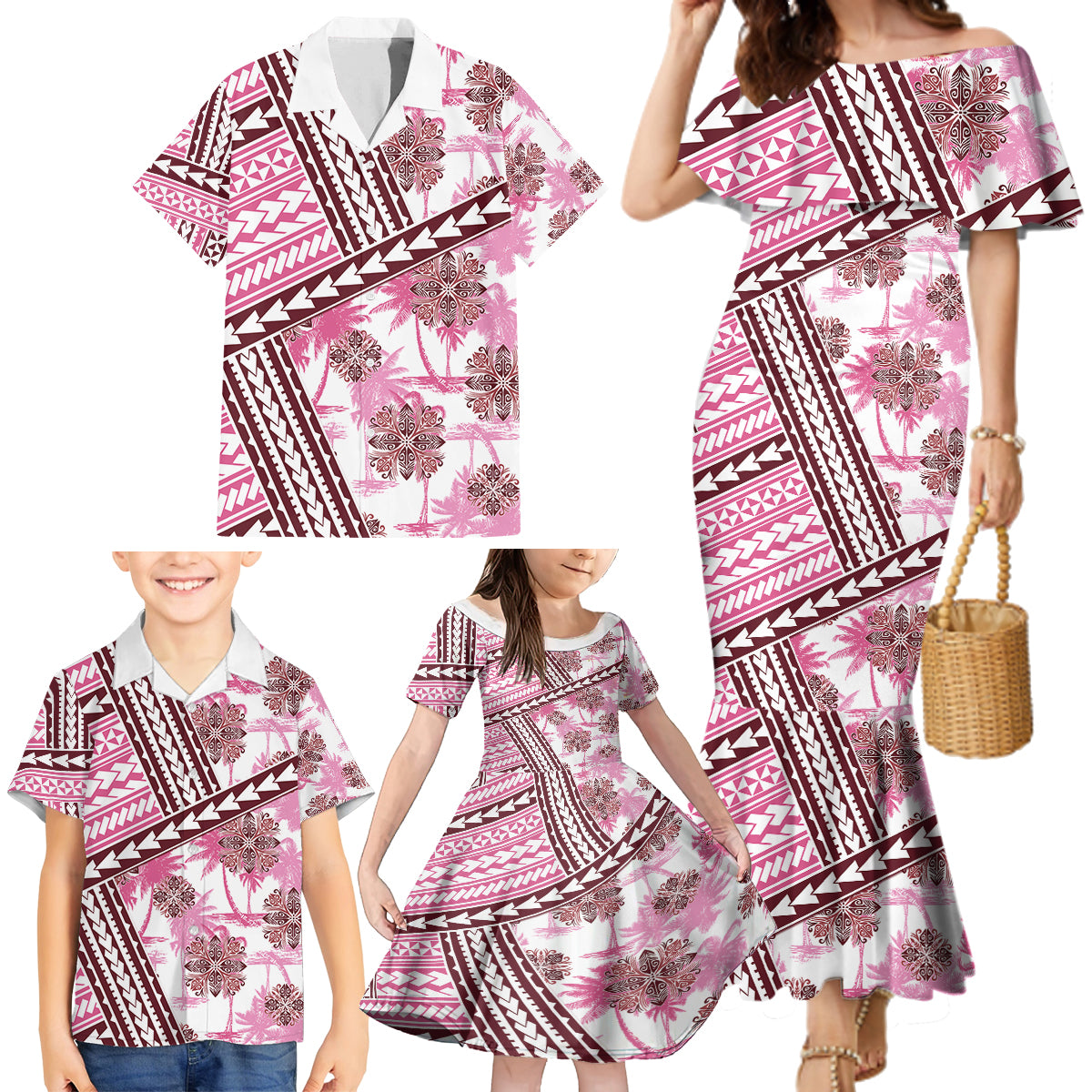 Hawaii Quilt Family Matching Mermaid Dress and Hawaiian Shirt Kakau Polynesian Pattern Mauve Pink Version LT01 - Polynesian Pride