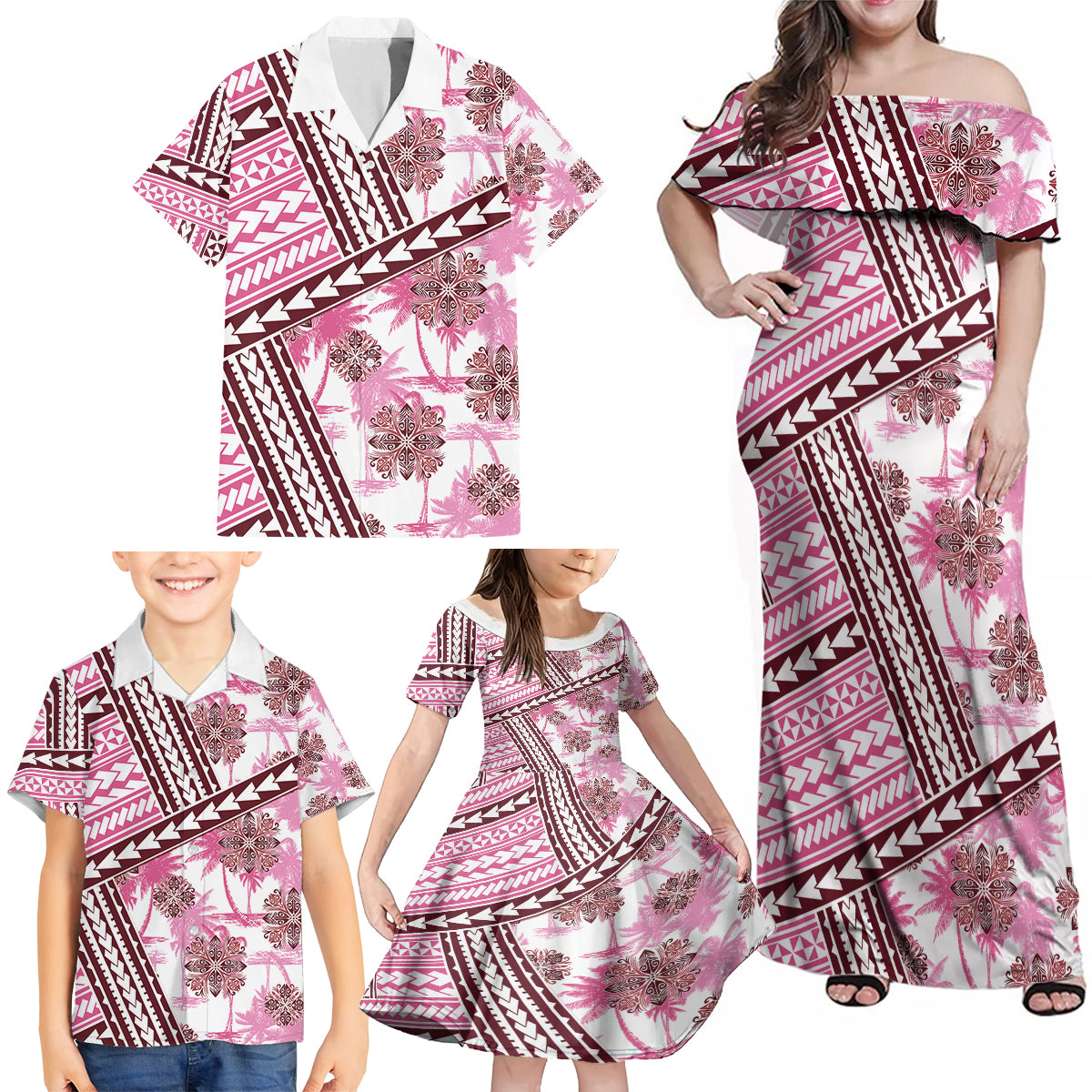 Hawaii Quilt Family Matching Off Shoulder Maxi Dress and Hawaiian Shirt Kakau Polynesian Pattern Mauve Pink Version LT01 - Polynesian Pride