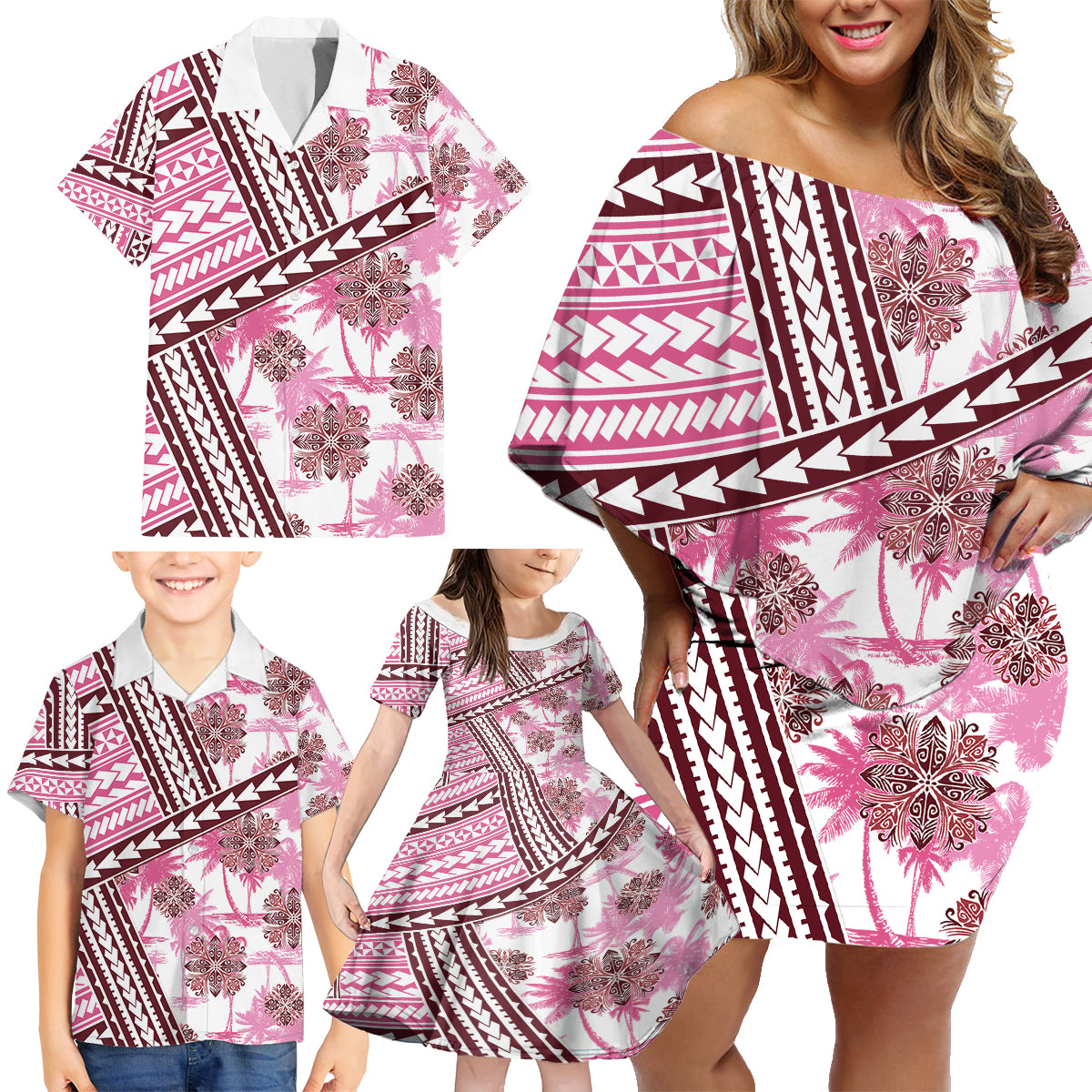 Hawaii Quilt Family Matching Off Shoulder Short Dress and Hawaiian Shirt Kakau Polynesian Pattern Mauve Pink Version LT01 - Polynesian Pride