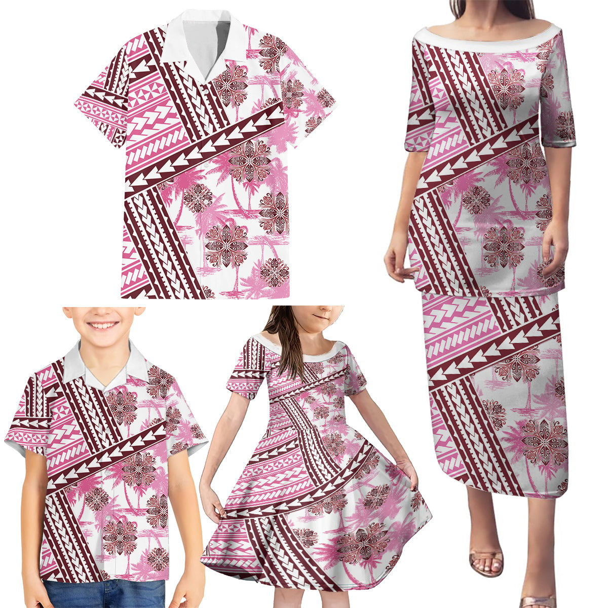 Hawaii Quilt Family Matching Puletasi Dress and Hawaiian Shirt Kakau Polynesian Pattern Mauve Pink Version LT01 - Polynesian Pride