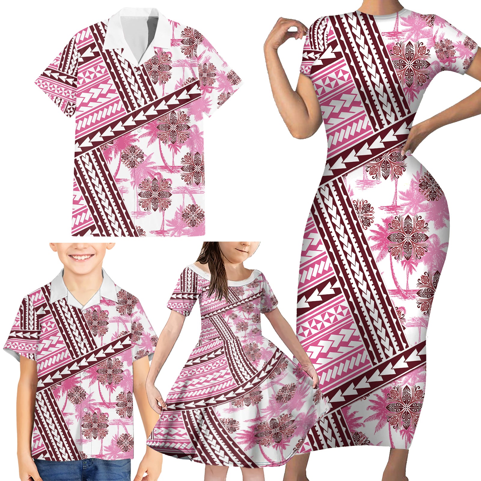 Hawaii Quilt Family Matching Short Sleeve Bodycon Dress and Hawaiian Shirt Kakau Polynesian Pattern Mauve Pink Version LT01 - Polynesian Pride