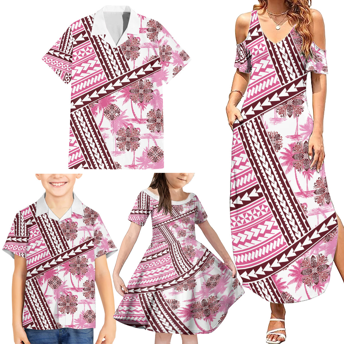 Hawaii Quilt Family Matching Summer Maxi Dress and Hawaiian Shirt Kakau Polynesian Pattern Mauve Pink Version LT01 - Polynesian Pride