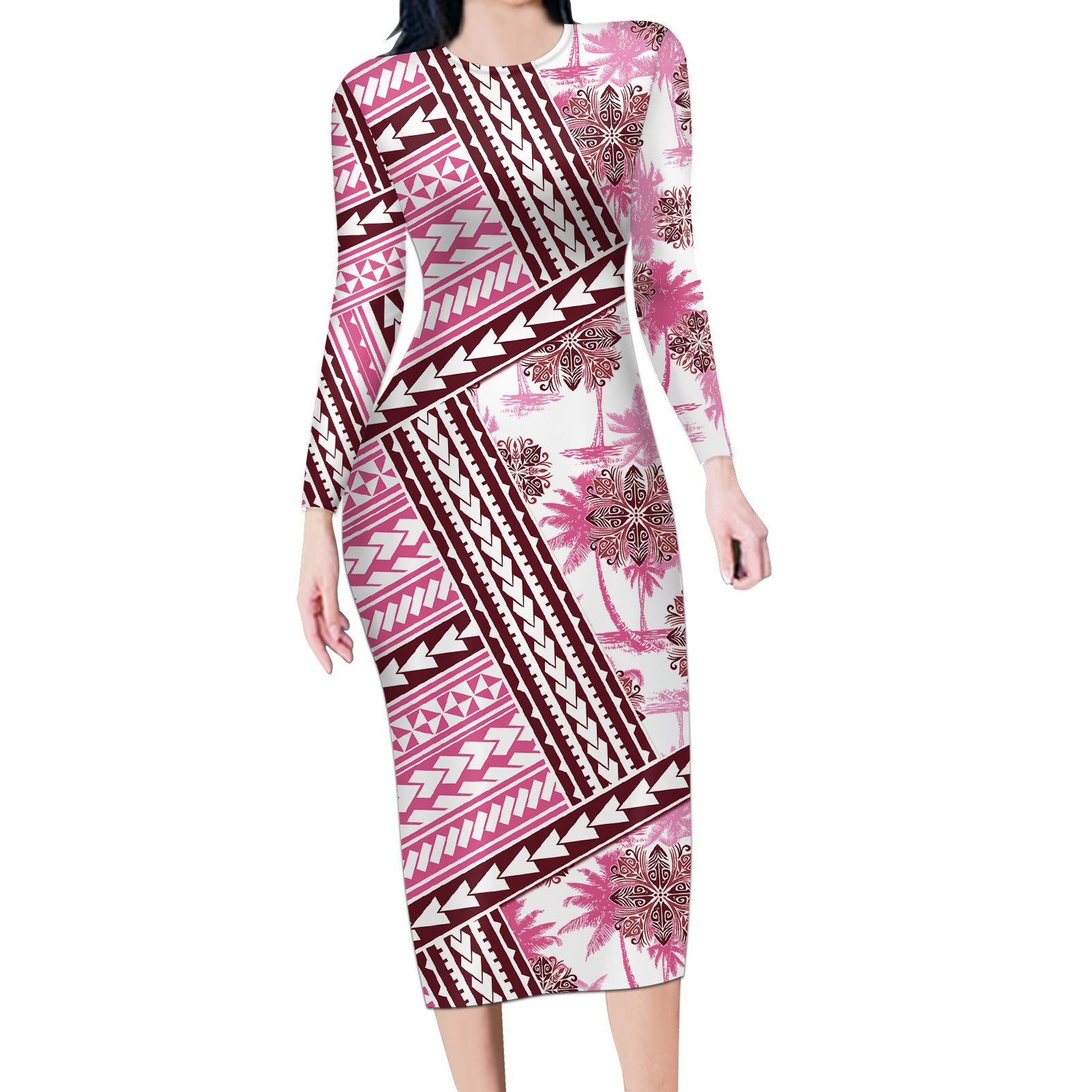 Hawaii Quilt Long Sleeve Bodycon Dress Kakau Polynesian Pattern Mauve Pink Version LT01 Long Dress Pink - Polynesian Pride