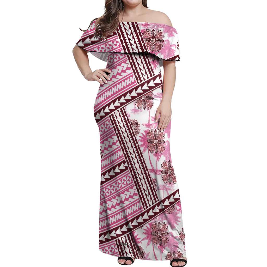 Hawaii Quilt Off Shoulder Maxi Dress Kakau Polynesian Pattern Mauve Pink Version LT01 Women Pink - Polynesian Pride