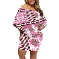 Hawaii Quilt Off Shoulder Short Dress Kakau Polynesian Pattern Mauve Pink Version LT01 Women Pink - Polynesian Pride