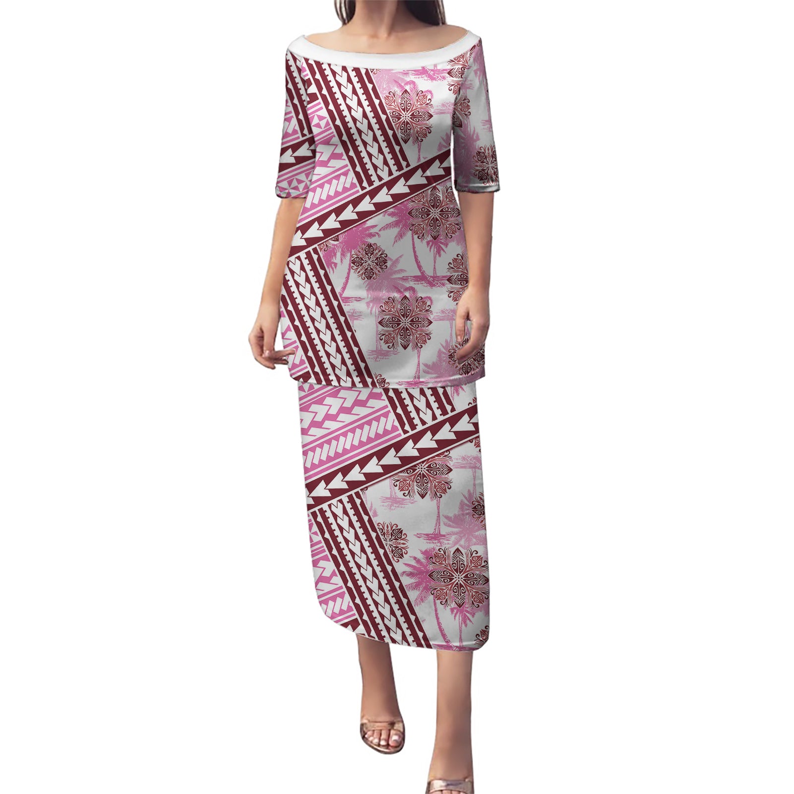 Hawaii Quilt Puletasi Kakau Polynesian Pattern Mauve Pink Version LT01 Long Dress Pink - Polynesian Pride