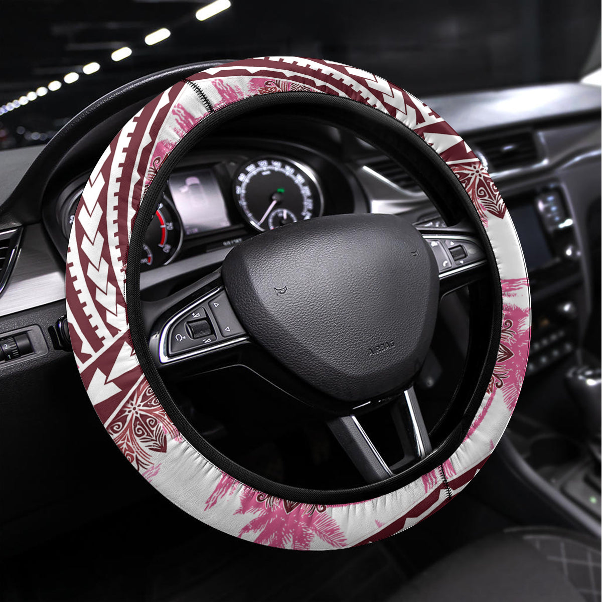 Hawaii Quilt Steering Wheel Cover Kakau Polynesian Pattern Mauve Pink Version