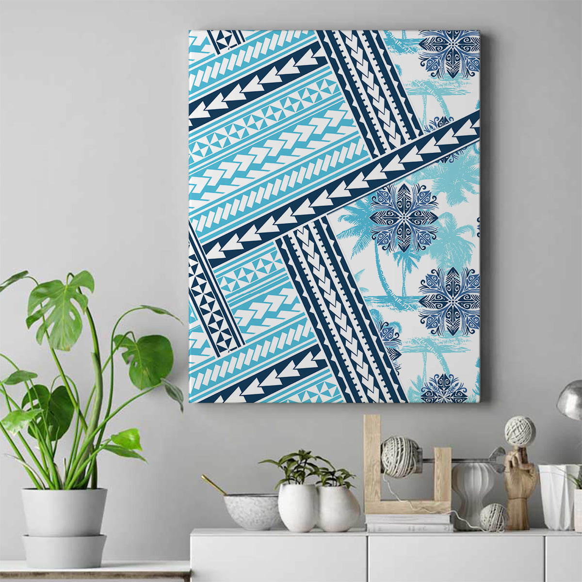 Hawaii Quilt Canvas Wall Art Kakau Polynesian Pattern Sky Blue Version LT01 Blue - Polynesian Pride