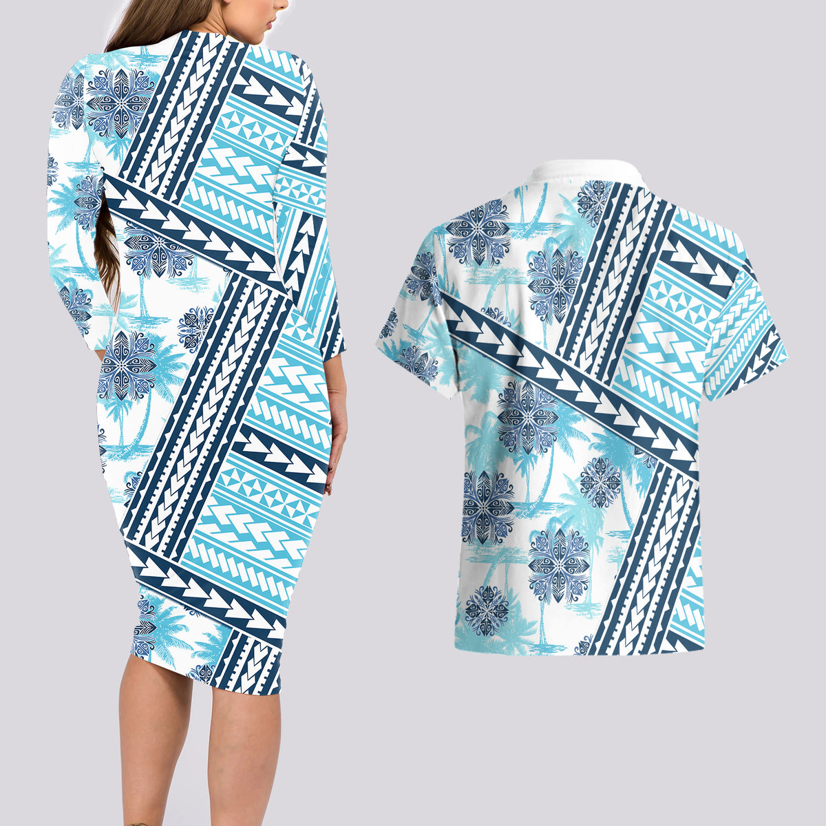 Hawaii Quilt Couples Matching Long Sleeve Bodycon Dress and Hawaiian Shirt Kakau Polynesian Pattern Sky Blue Version LT01 - Polynesian Pride