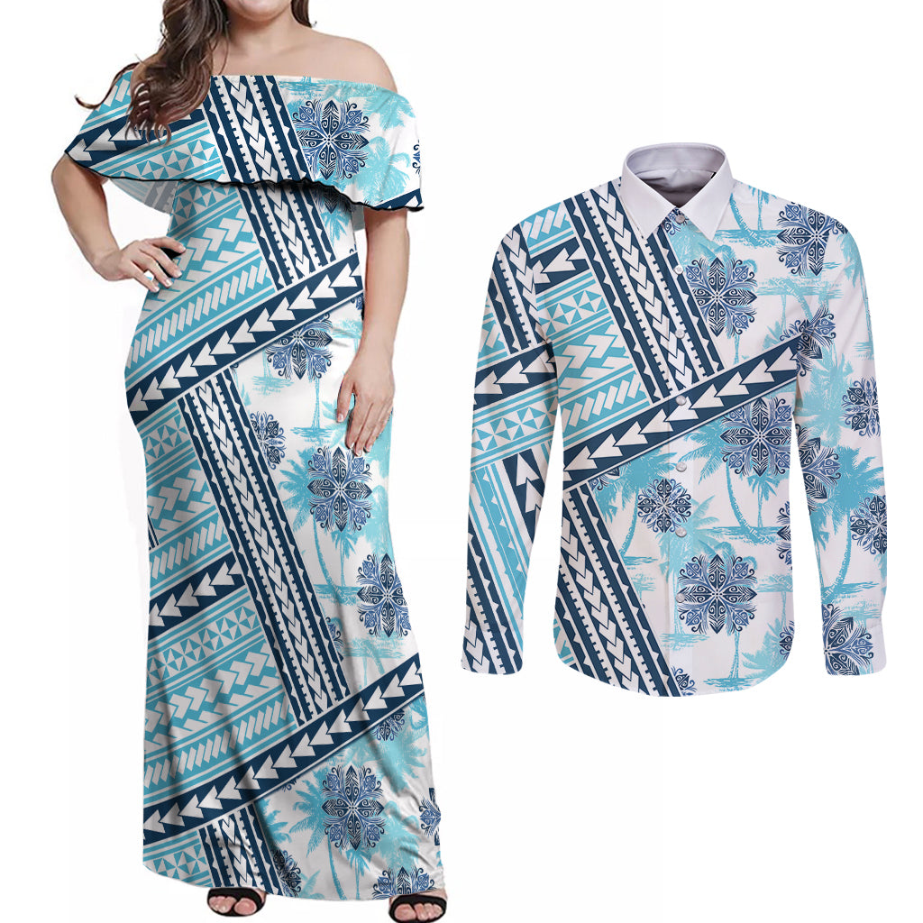 Hawaii Quilt Couples Matching Off Shoulder Maxi Dress and Long Sleeve Button Shirt Kakau Polynesian Pattern Sky Blue Version LT01 Blue - Polynesian Pride