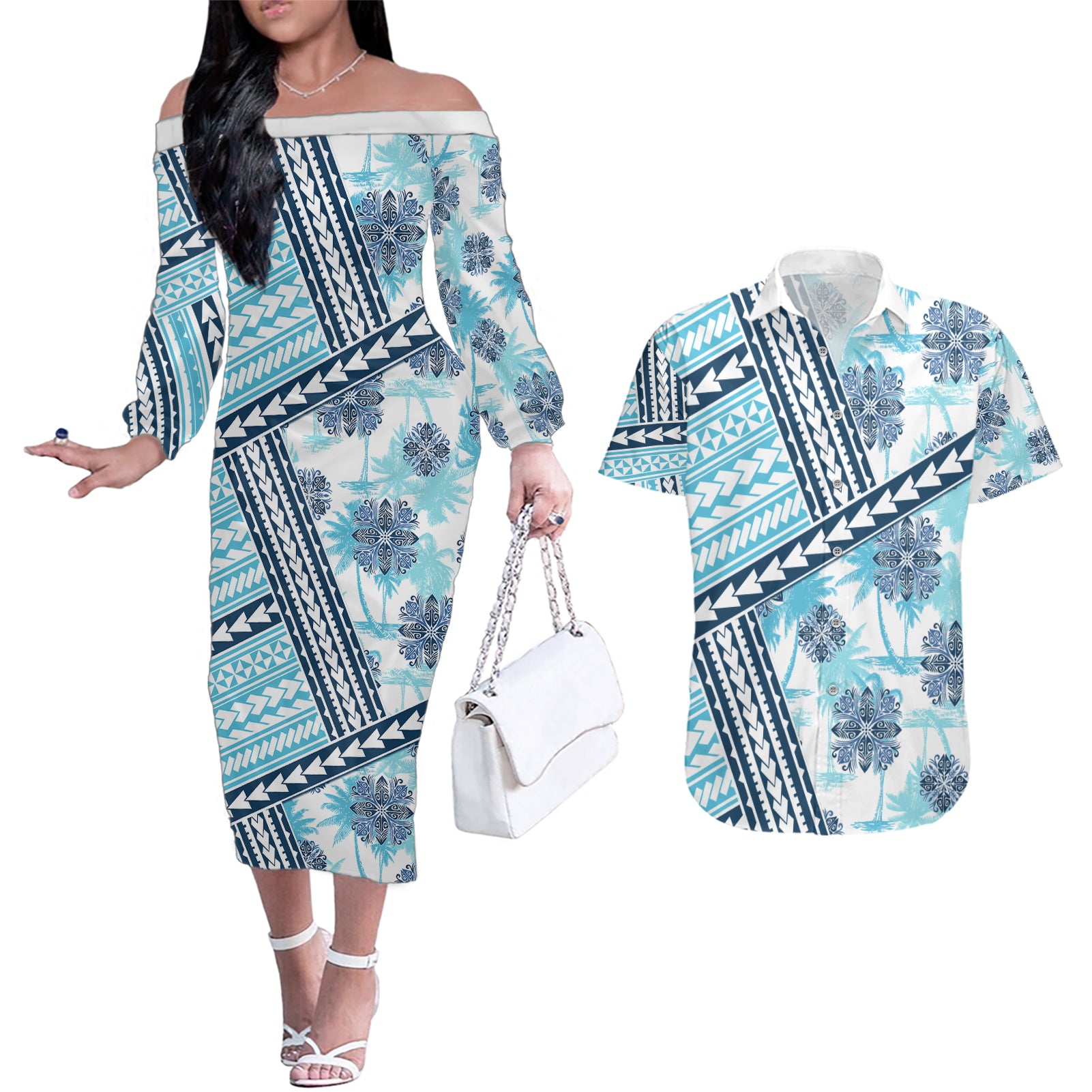 Hawaii Quilt Couples Matching Off The Shoulder Long Sleeve Dress and Hawaiian Shirt Kakau Polynesian Pattern Sky Blue Version LT01 Blue - Polynesian Pride