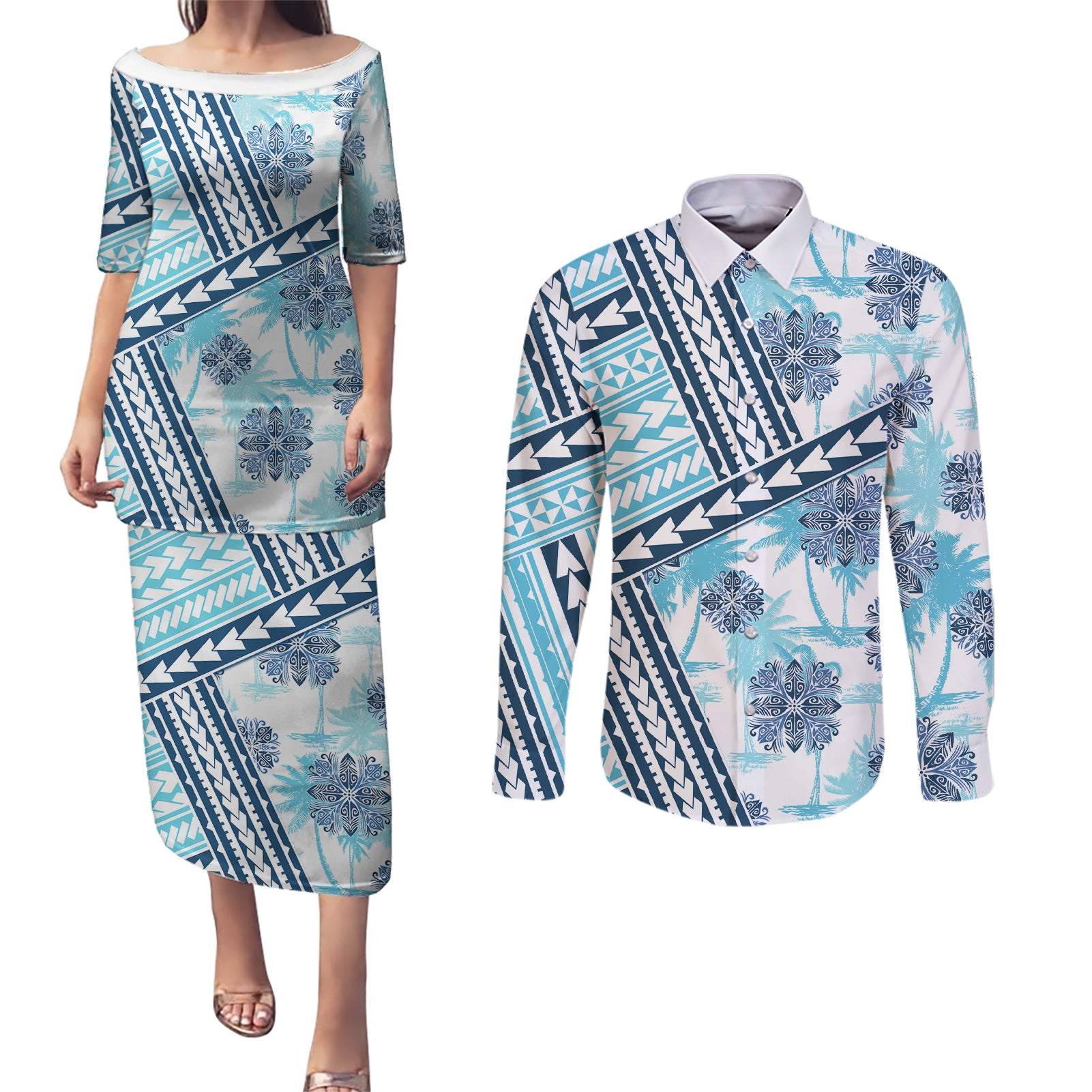 Hawaii Quilt Couples Matching Puletasi Dress and Long Sleeve Button Shirt Kakau Polynesian Pattern Sky Blue Version LT01 Blue - Polynesian Pride