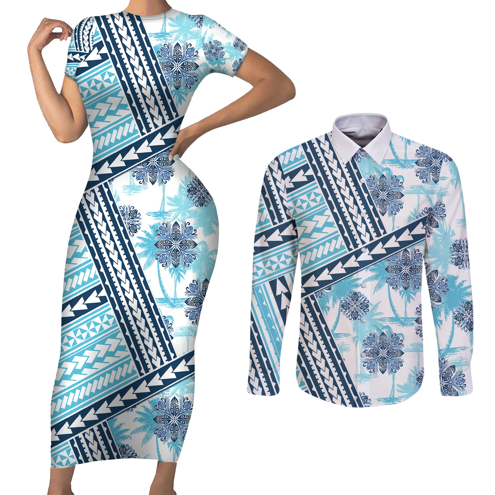 Hawaii Quilt Couples Matching Short Sleeve Bodycon Dress and Long Sleeve Button Shirt Kakau Polynesian Pattern Sky Blue Version LT01 Blue - Polynesian Pride