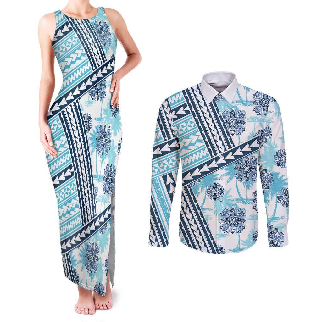 Hawaii Quilt Couples Matching Tank Maxi Dress and Long Sleeve Button Shirt Kakau Polynesian Pattern Sky Blue Version LT01 Blue - Polynesian Pride