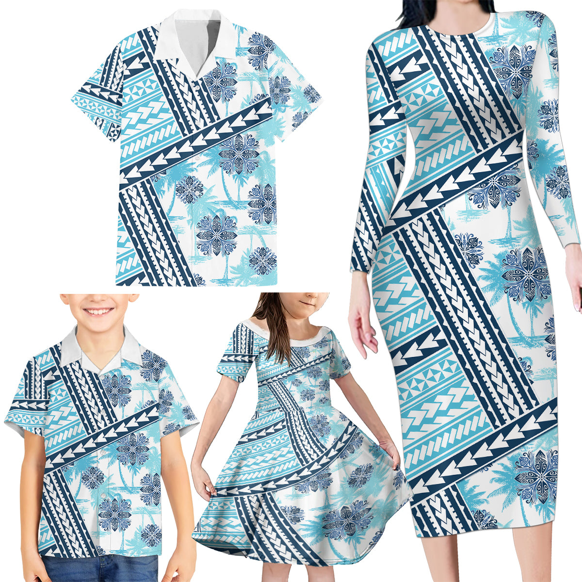 Hawaii Quilt Family Matching Long Sleeve Bodycon Dress and Hawaiian Shirt Kakau Polynesian Pattern Sky Blue Version LT01 - Polynesian Pride