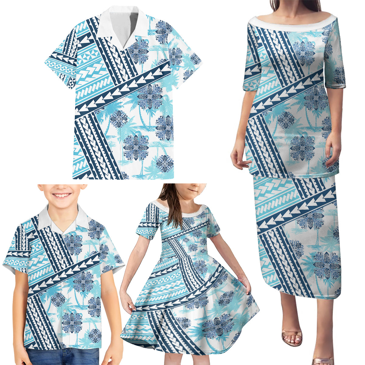 Hawaii Quilt Family Matching Puletasi Dress and Hawaiian Shirt Kakau Polynesian Pattern Sky Blue Version LT01 - Polynesian Pride