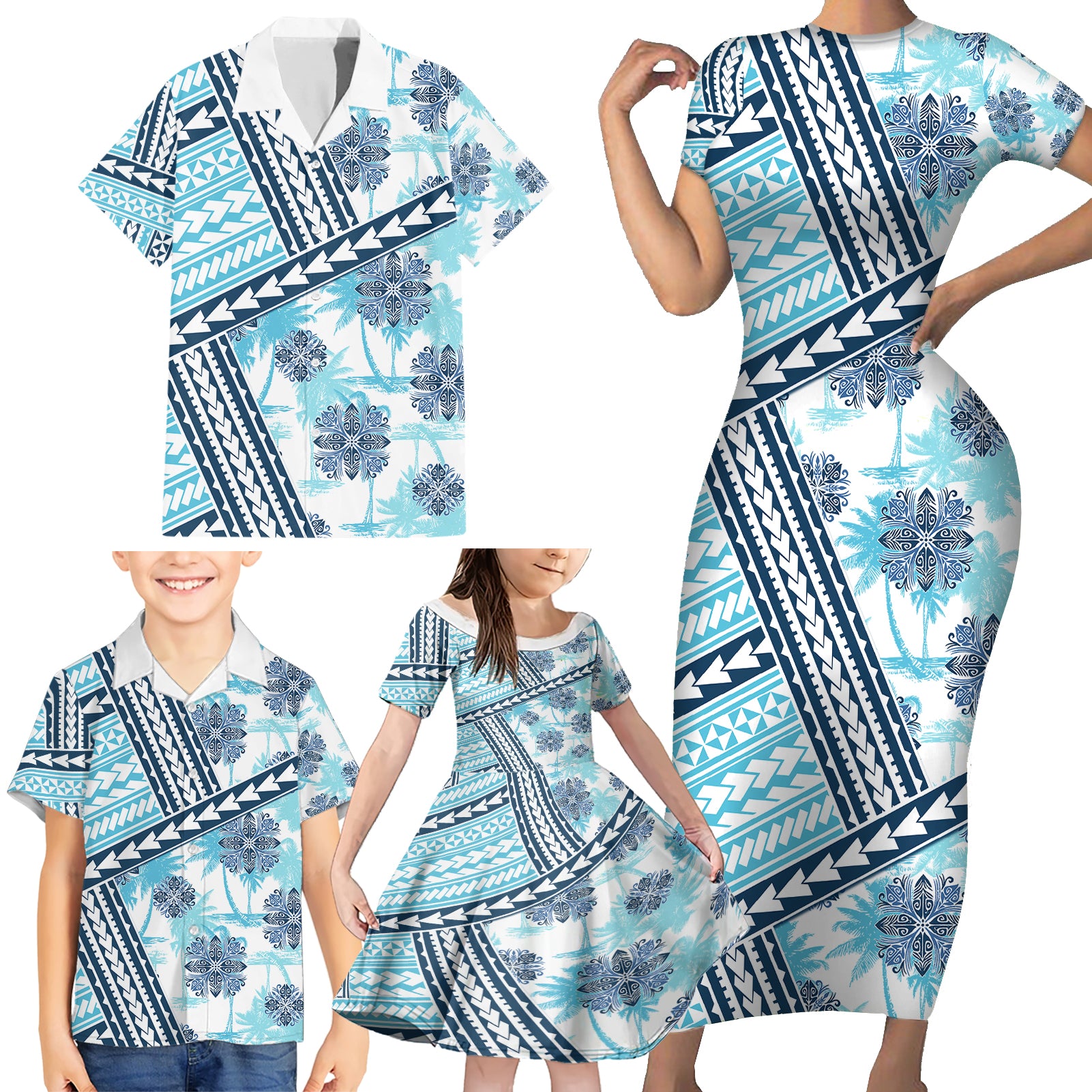 Hawaii Quilt Family Matching Short Sleeve Bodycon Dress and Hawaiian Shirt Kakau Polynesian Pattern Sky Blue Version LT01 - Polynesian Pride