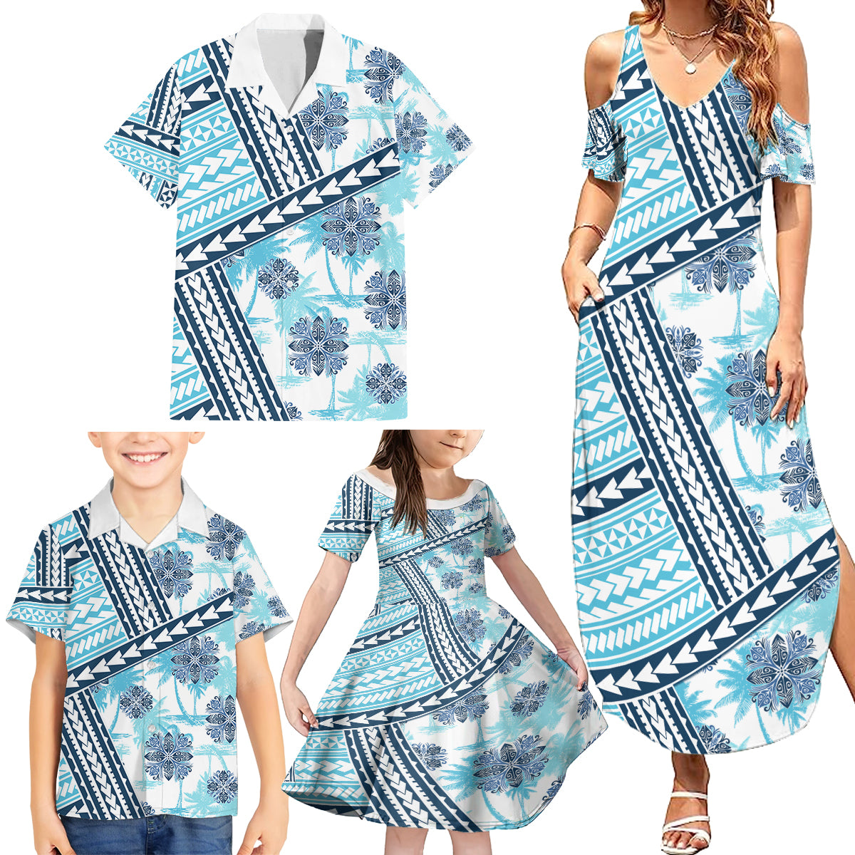 Hawaii Quilt Family Matching Summer Maxi Dress and Hawaiian Shirt Kakau Polynesian Pattern Sky Blue Version LT01 - Polynesian Pride