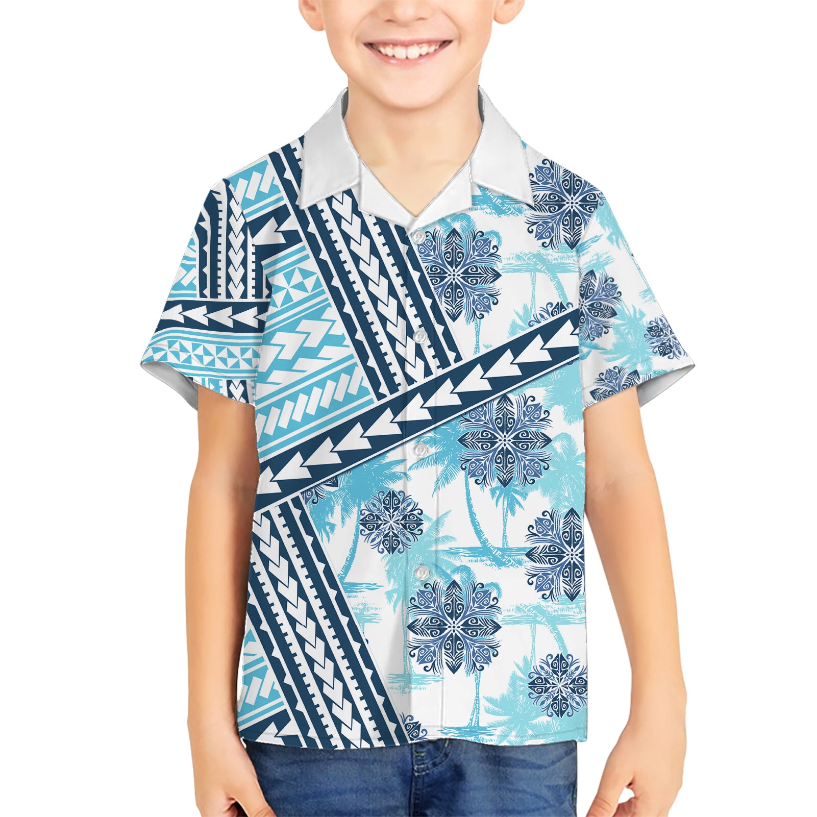 Hawaii Quilt Kid Hawaiian Shirt Kakau Polynesian Pattern Sky Blue Version LT01 Kid Blue - Polynesian Pride