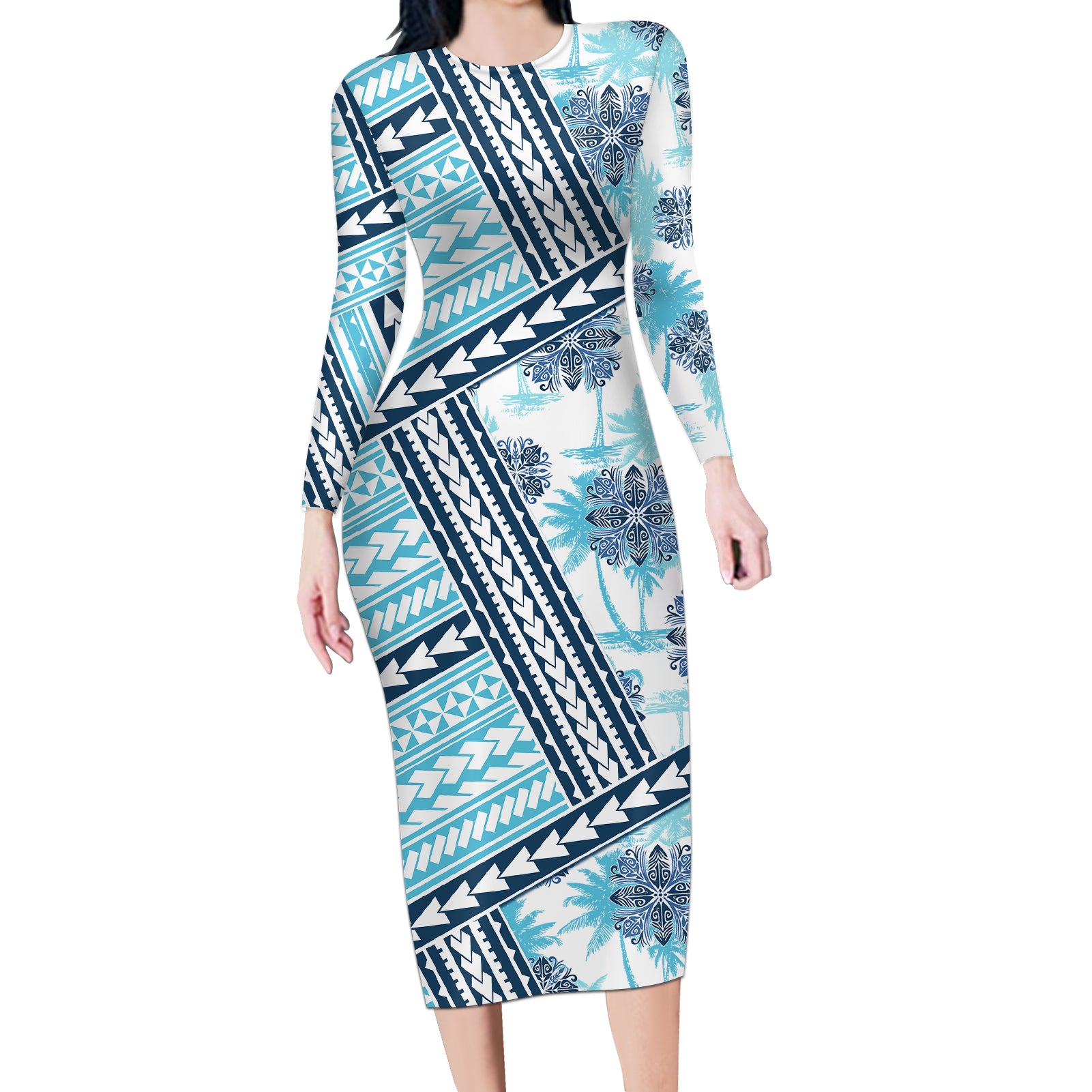 Hawaii Quilt Long Sleeve Bodycon Dress Kakau Polynesian Pattern Sky Blue Version LT01 Long Dress Blue - Polynesian Pride