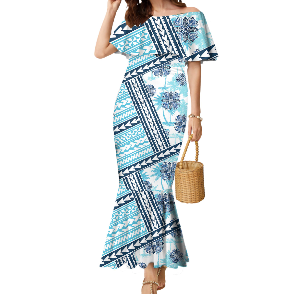 Hawaii Quilt Mermaid Dress Kakau Polynesian Pattern Sky Blue Version LT01 Women Blue - Polynesian Pride